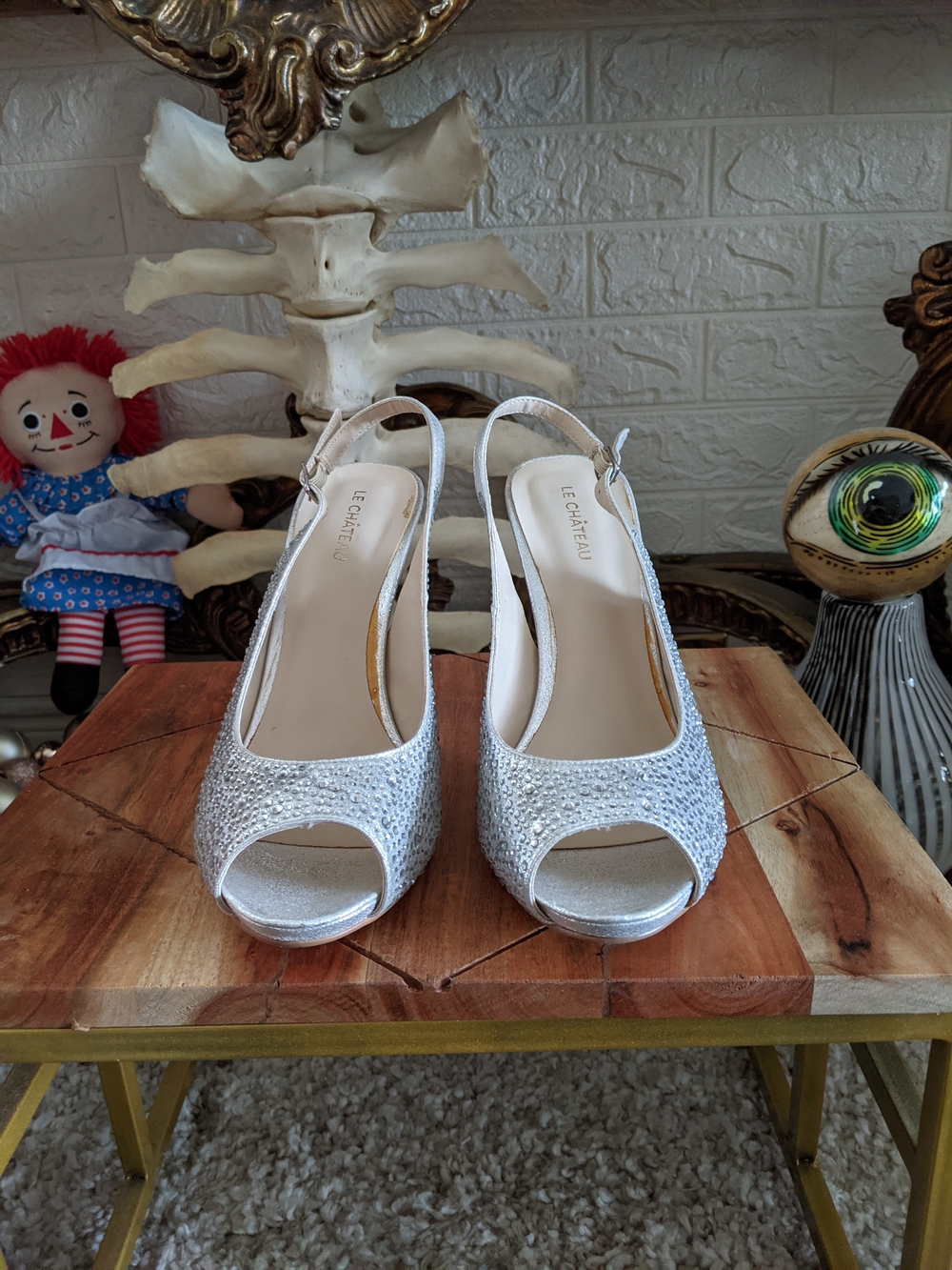 Le Chateau Silver Slingback Peep-Toe Heels